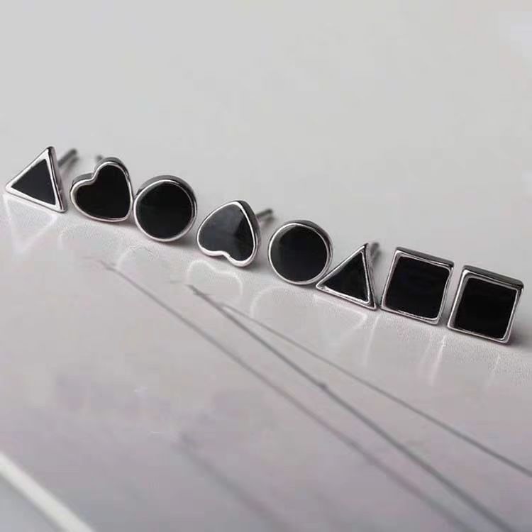 925 Sterling Silver Stud Earrings Black Inlay Triangle Heart Square