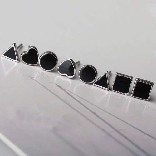 925 Sterling Silver Stud Earrings Black Inlay Triangle Heart Square