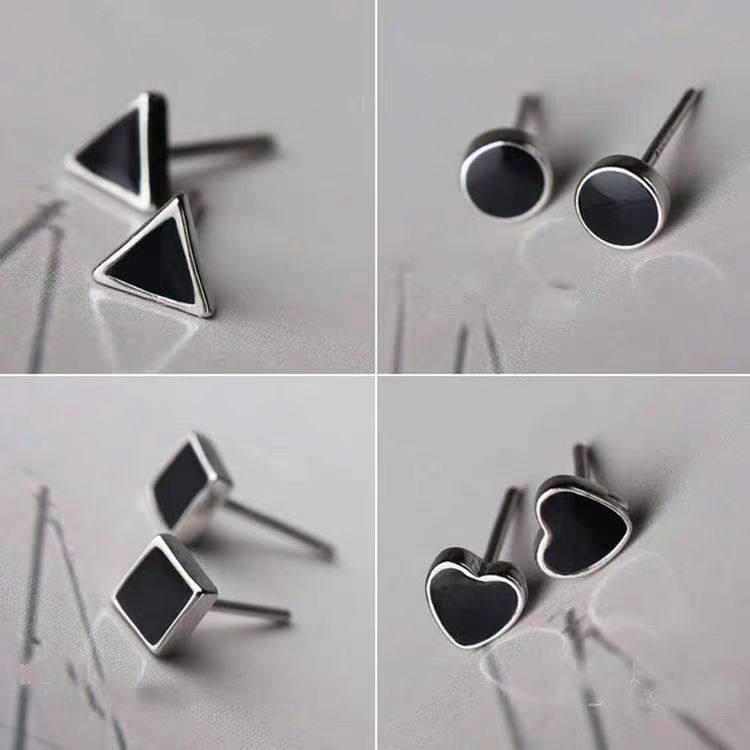 925 Sterling Silver Stud Earrings Black Inlay Triangle Heart Square
